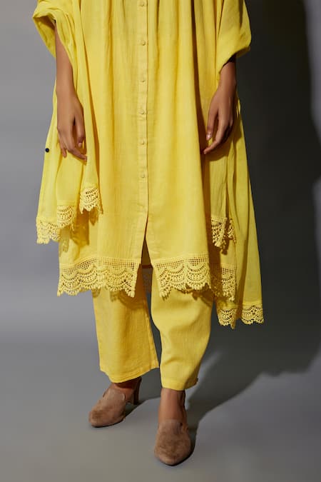Shop JAYATI GOENKA Yellow , Satin Lace Round Neck Border Embellished Anarkali Set Online at Aza Fashions Shop_JAYATI GOENKA_Yellow , Satin Lace Round Neck Border Embellished Anarkali Set _Online_at_Aza_Fashions