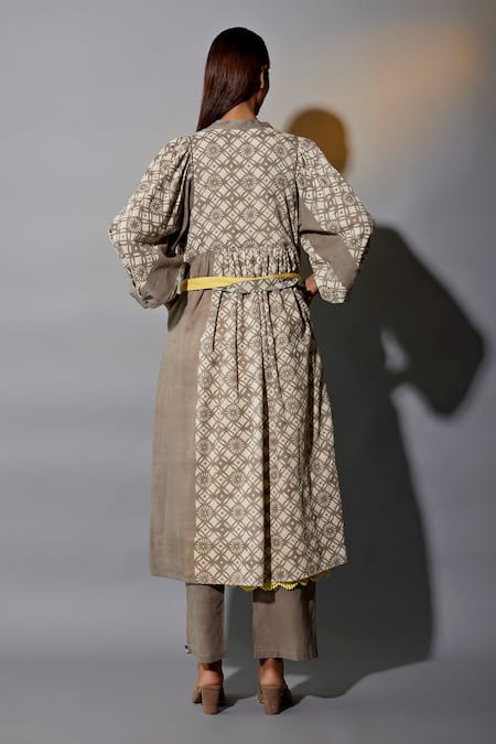 Shop JAYATI GOENKA Brown , Satin Embroidery Mandarin Collar Printed Overlay Pant Set at Aza Fashions Shop_JAYATI GOENKA_Brown , Satin Embroidery Mandarin Collar Printed Overlay Pant Set _at_Aza_Fashions