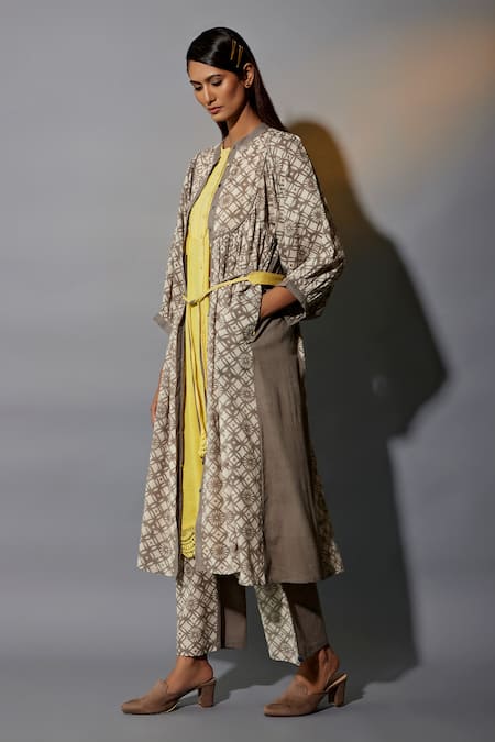 JAYATI GOENKA Brown , Satin Embroidery Mandarin Collar Printed Overlay Pant Set Online at Aza Fashions JAYATI GOENKA_Brown , Satin Embroidery Mandarin Collar Printed Overlay Pant Set _Online_at_Aza_Fashions