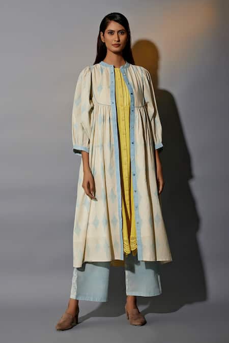 JAYATI GOENKA Blue Cotton Mandarin Collar Hand Block Printed Ruffle Overlay Pant Set