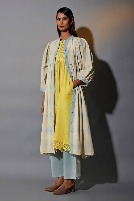 JAYATI GOENKA Blue Cotton Mandarin Collar Hand Block Printed Ruffle Overlay Pant Set Online at Aza Fashions JAYATI GOENKA_Blue Cotton Mandarin Collar Hand Block Printed Ruffle Overlay Pant Set _Online_at_Aza_Fashions