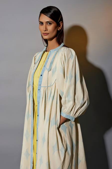 Buy JAYATI GOENKA Blue Cotton Mandarin Collar Hand Block Printed Ruffle Overlay Pant Set Online at Aza Fashions Buy_JAYATI GOENKA_Blue Cotton Mandarin Collar Hand Block Printed Ruffle Overlay Pant Set _Online_at_Aza_Fashions