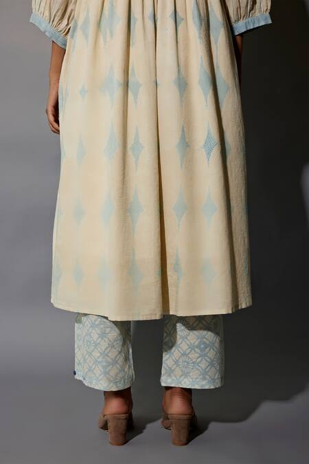 Shop JAYATI GOENKA Blue Cotton Mandarin Collar Hand Block Printed Ruffle Overlay Pant Set Online at Aza Fashions Shop_JAYATI GOENKA_Blue Cotton Mandarin Collar Hand Block Printed Ruffle Overlay Pant Set _Online_at_Aza_Fashions