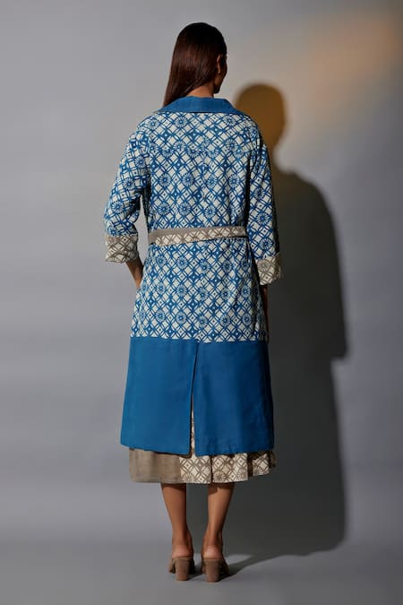 JAYATI GOENKA Geometric Hand Block Printed Trench Coat With Dress 