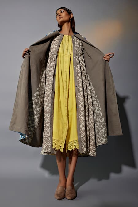 JAYATI GOENKA_Brown , Satin Geometric Hand Block Printed Trench Coat With Dress _Online_at_Aza_Fashions