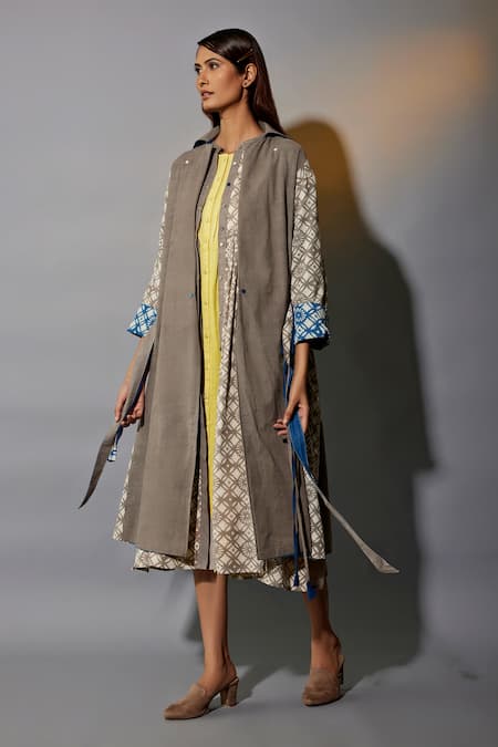Buy_JAYATI GOENKA_Brown , Satin Geometric Hand Block Printed Trench Coat With Dress _Online_at_Aza_Fashions