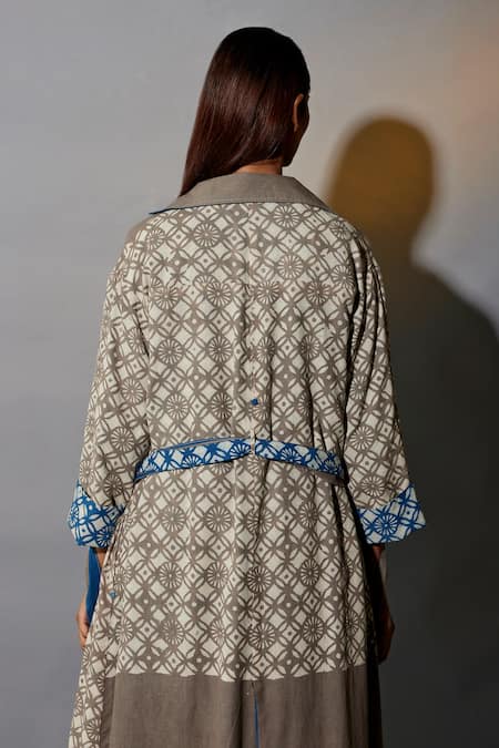 Shop_JAYATI GOENKA_Brown , Satin Geometric Hand Block Printed Trench Coat With Dress _Online_at_Aza_Fashions