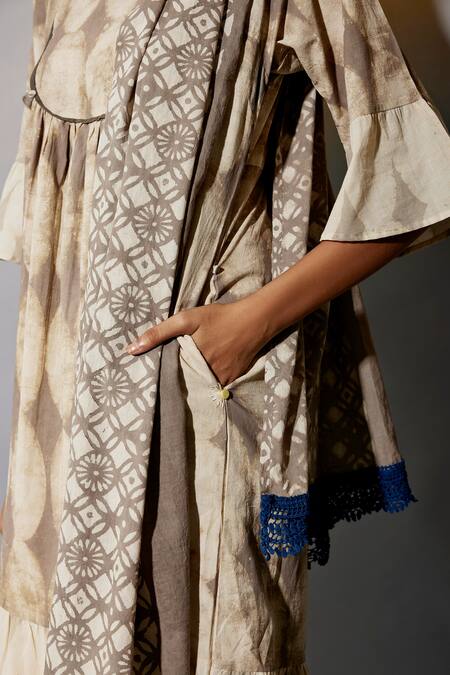 JAYATI GOENKA Brown Cotton Lace, Embroidery Geometric Hand Block Print Anarkali Set at Aza Fashions JAYATI GOENKA_Brown Cotton Lace, Embroidery Geometric Hand Block Print Anarkali Set _at_Aza_Fashions