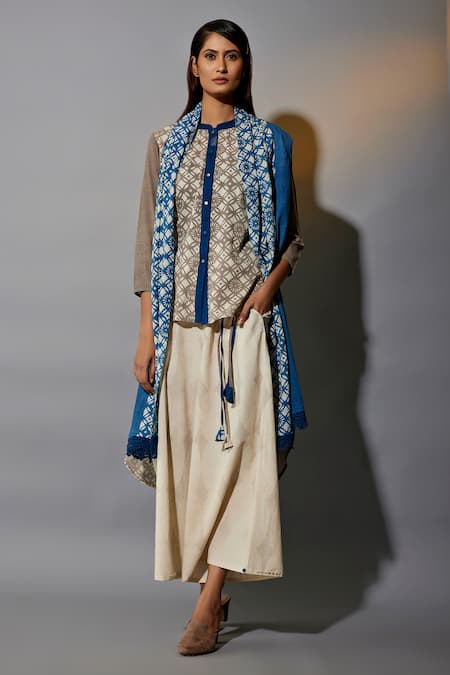 JAYATI GOENKA Brown Cotton Embroidery Mandarin Geometric Hand Block Print Shirt Palazzo Set 