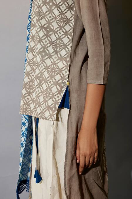 Buy JAYATI GOENKA Brown Cotton Embroidery Mandarin Geometric Hand Block Print Shirt Palazzo Set Online at Aza Fashions Buy_JAYATI GOENKA_Brown Cotton Embroidery Mandarin Geometric Hand Block Print Shirt Palazzo Set _Online_at_Aza_Fashions