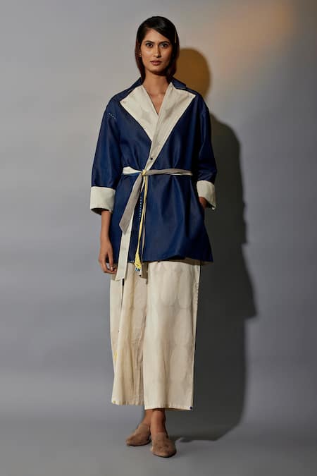 JAYATI GOENKA Beige , Satin Diamond Hand Block Print Jacket And Trouser Set