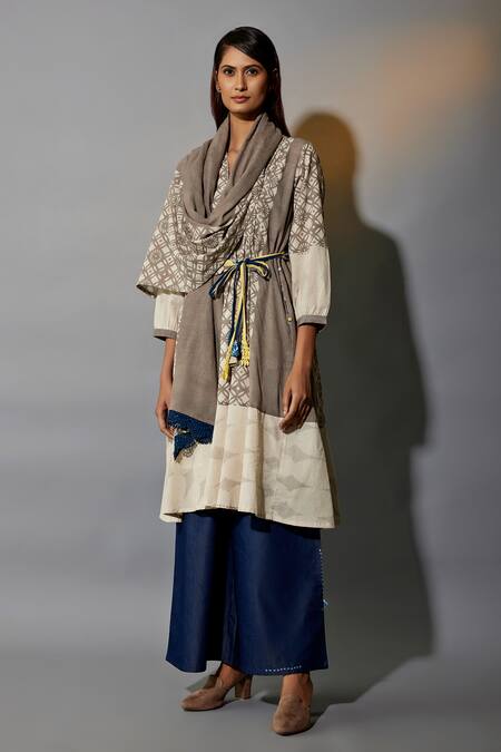 JAYATI GOENKA_Brown Cotton, Denim Embroidery, Tassels Hand Block Print Anarkali Trouser Set _Online_at_Aza_Fashions