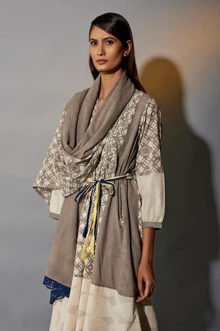 Shop_JAYATI GOENKA_Brown Cotton, Denim Embroidery, Tassels Hand Block Print Anarkali Trouser Set _Online_at_Aza_Fashions