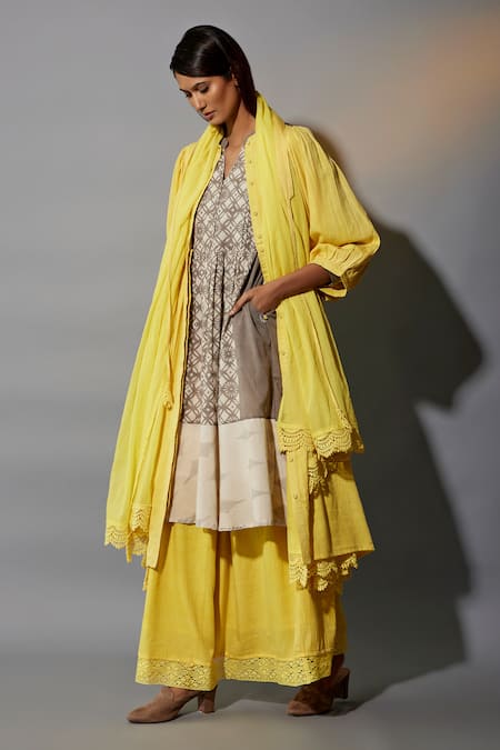 JAYATI GOENKA_Yellow Cotton Tassels, Lace Round Neck Gathered Overlay Printed Anarkali Set _Online_at_Aza_Fashions