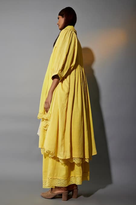 Buy_JAYATI GOENKA_Yellow Cotton Tassels, Lace Round Neck Gathered Overlay Printed Anarkali Set _Online_at_Aza_Fashions