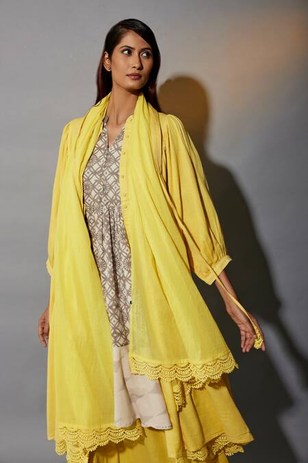 Shop_JAYATI GOENKA_Yellow Cotton Tassels, Lace Round Neck Gathered Overlay Printed Anarkali Set _Online_at_Aza_Fashions