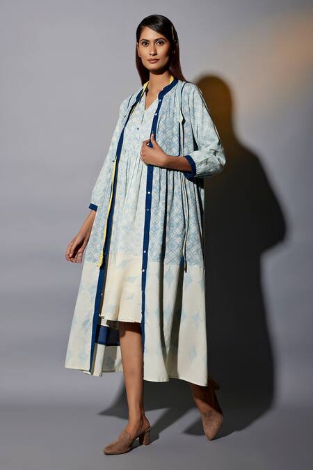JAYATI GOENKA_Blue Cotton Embroidery, Tassels Round Neck Printed Pleated Overlay And Dress Set _Online_at_Aza_Fashions