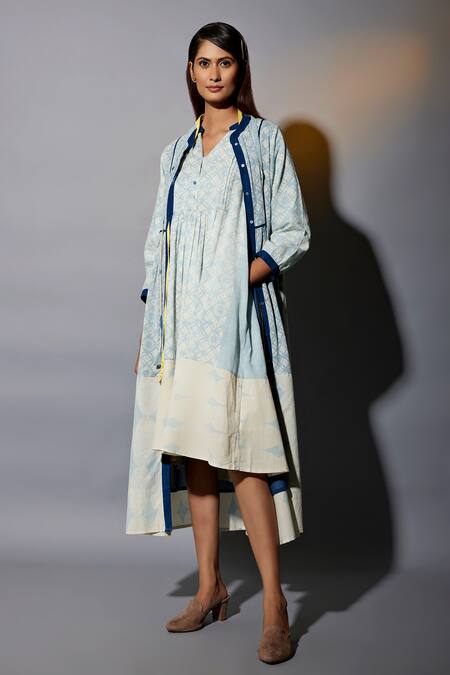 Shop_JAYATI GOENKA_Blue Cotton Embroidery, Tassels Round Neck Printed Pleated Overlay And Dress Set _Online_at_Aza_Fashions