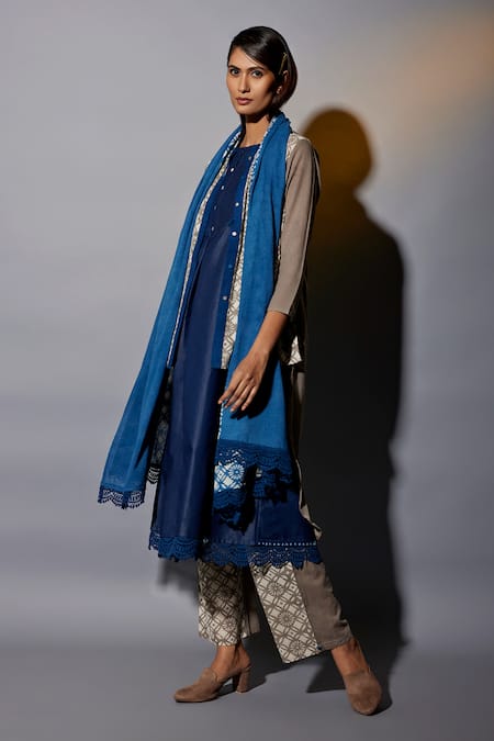 JAYATI GOENKA_Brown Cotton, Denim Embroidery, Lace Round Printed High Low Jacket Kurta Set _Online_at_Aza_Fashions