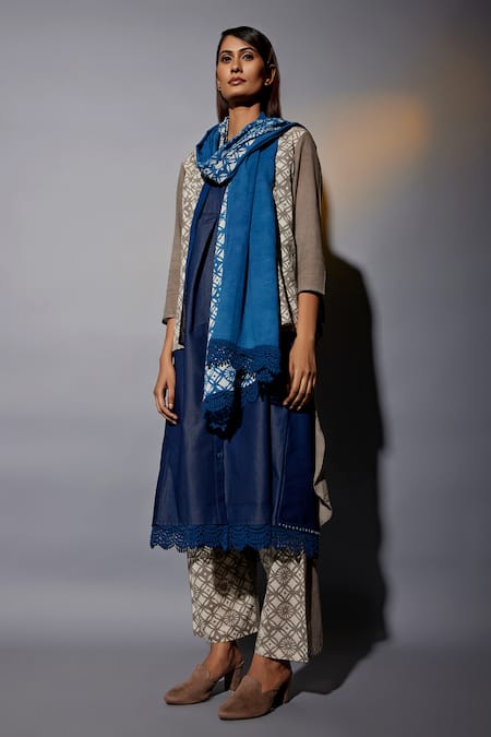 Buy_JAYATI GOENKA_Brown Cotton, Denim Embroidery, Lace Round Printed High Low Jacket Kurta Set _Online_at_Aza_Fashions