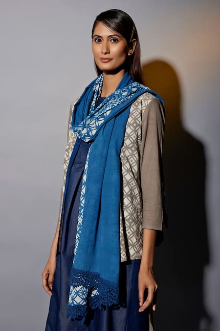Shop_JAYATI GOENKA_Brown Cotton, Denim Embroidery, Lace Round Printed High Low Jacket Kurta Set _Online_at_Aza_Fashions