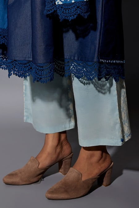 Buy_JAYATI GOENKA_Blue Denim, Cotton Lace, Tassels Round Neck Kurta Set With Printed Dupatta _Online_at_Aza_Fashions