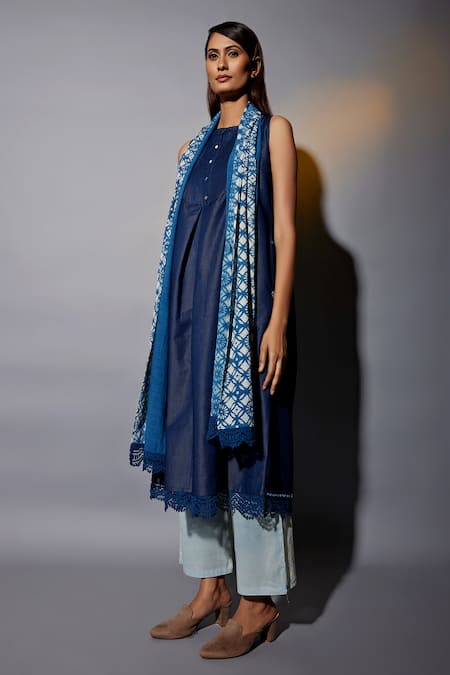 Shop_JAYATI GOENKA_Blue Denim, Cotton Lace, Tassels Round Neck Kurta Set With Printed Dupatta _Online_at_Aza_Fashions