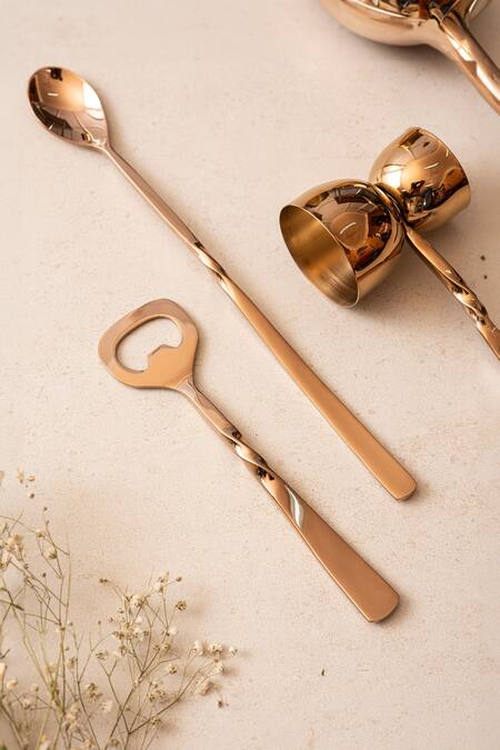 Shop_The Decor Remedy_Gold Brass Alloy Stainless Steel Bar Tools Of 4_at_Aza_Fashions