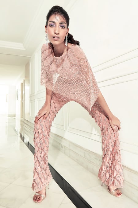 Rohit Gandhi + Rahul Khanna_Pink Tulle Embroidery Sequin Boat Neck Cupola Crystal Cape And Fornix Trouser Set _Online_at_Aza_Fashions