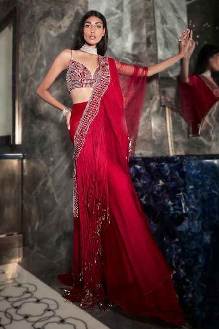 Rohit Gandhi + Rahul Khanna Pink Silk Organza Embellished Crystal Galena Fringe Draped Lehenga Set 
