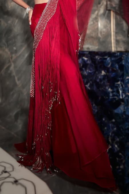 Rohit Gandhi + Rahul Khanna_Pink Silk Organza Crystals, Tassels Sweetheart Galena Fringe Draped Lehenga Set _Online_at_Aza_Fashions