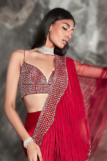 Buy_Rohit Gandhi + Rahul Khanna_Pink Silk Organza Crystals, Tassels Sweetheart Galena Fringe Draped Lehenga Set _Online_at_Aza_Fashions