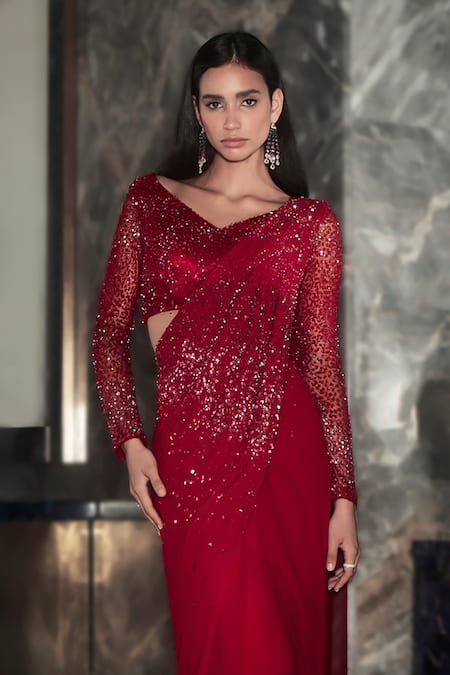 Rohit Gandhi + Rahul Khanna Garnet Embellished Pre-Stitched Saree With Blouse 