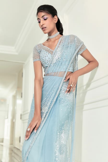 Rohit Gandhi + Rahul Khanna_Blue Rayon Crystals, Beads, Starlet Embroidered Pre-stitched Saree With Blouse _Online_at_Aza_Fashions