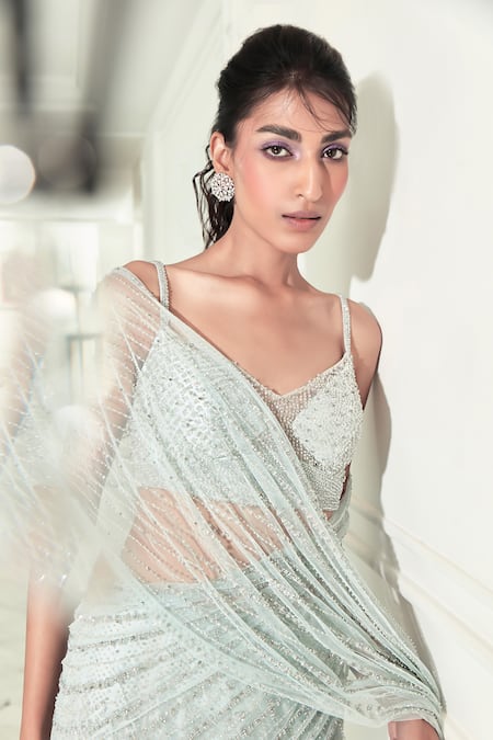 Shop_Rohit Gandhi + Rahul Khanna_Blue Tulle Sequins, Azure Pre-stitched Skirt Saree With Embroidered Blouse _Online_at_Aza_Fashions
