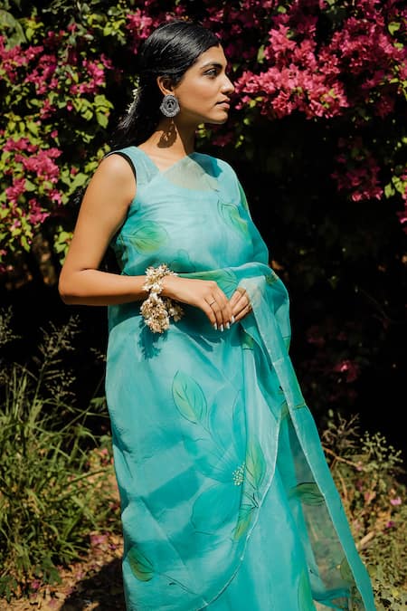 Buy Mangalmay By Aastha Blue Saree Pure Silk Organza Hand Painted Floral With Unstitched Blouse Piece Online at Aza Fashions Buy_Mangalmay By Aastha_Blue Saree Pure Silk Organza Hand Painted Floral With Unstitched Blouse Piece _Online_at_Aza_Fashions