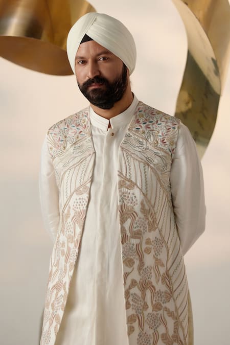Jatin Malik_Ivory Linen, Silk Embroidery Hand Shrug Trouser Set _Online_at_Aza_Fashions