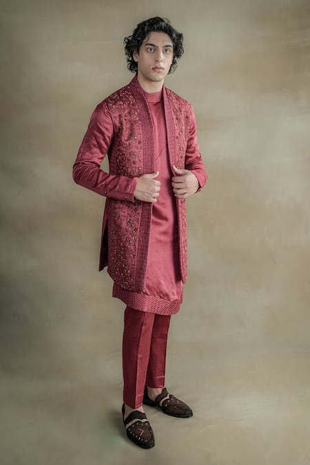 Shop Jatin Malik Red Linen, Silk Embroidery Hand Kurta Set at Aza Fashions Shop_Jatin Malik_Red Linen, Silk Embroidery Hand Kurta Set _at_Aza_Fashions