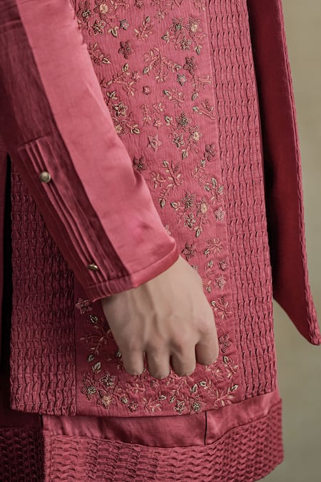 Shop Jatin Malik Red Linen, Silk Embroidery Hand Kurta Set Online at Aza Fashions Shop_Jatin Malik_Red Linen, Silk Embroidery Hand Kurta Set _Online_at_Aza_Fashions