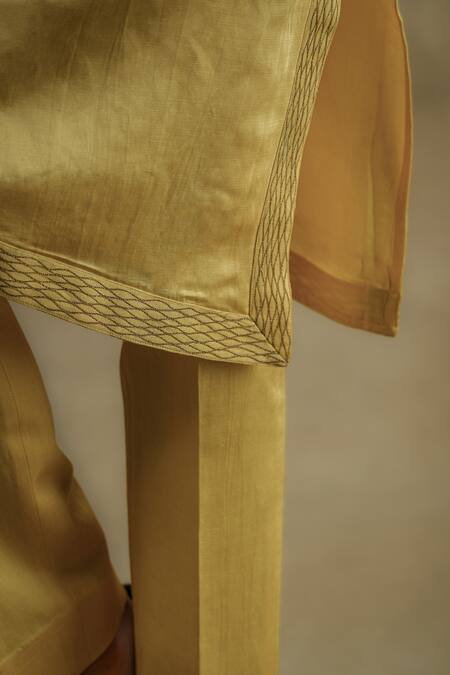 Jatin Malik_Yellow Linen, Silk Embroidery Kurta Trouser Set _Online_at_Aza_Fashions