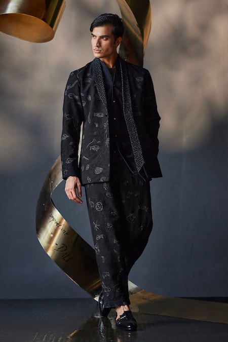 Jatin Malik Embroidered Shawl Collar Blazer Shirt Set 