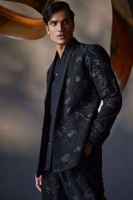 Jatin Malik Black Kota Doria Embroidery Shawl Collar Blazer Shirt Set Online at Aza Fashions Jatin Malik_Black Kota Doria Embroidery Shawl Collar Blazer Shirt Set _Online_at_Aza_Fashions