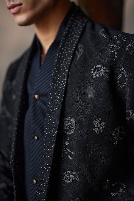 Buy Jatin Malik Black Kota Doria Embroidery Shawl Collar Blazer Shirt Set Online at Aza Fashions Buy_Jatin Malik_Black Kota Doria Embroidery Shawl Collar Blazer Shirt Set _Online_at_Aza_Fashions