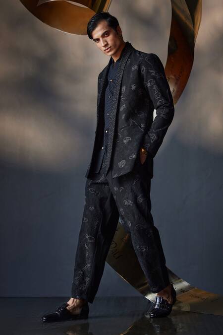 Shop Jatin Malik Black Kota Doria Embroidery Shawl Collar Blazer Shirt Set Online at Aza Fashions Shop_Jatin Malik_Black Kota Doria Embroidery Shawl Collar Blazer Shirt Set _Online_at_Aza_Fashions