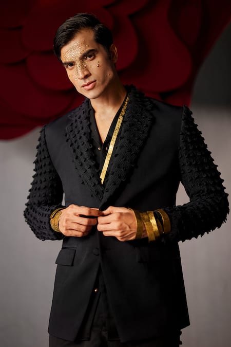 Shop Jatin Malik Blue Embroidery Stygian Textured Blazer Trouser Set at Aza Fashions Shop_Jatin Malik_Blue Embroidery Stygian Textured Blazer Trouser Set _at_Aza_Fashions