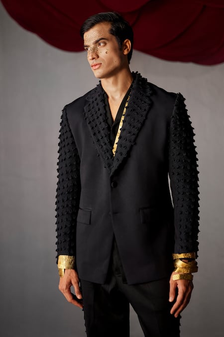 Jatin Malik Blue Embroidery Stygian Textured Blazer Trouser Set Online at Aza Fashions Jatin Malik_Blue Embroidery Stygian Textured Blazer Trouser Set _Online_at_Aza_Fashions