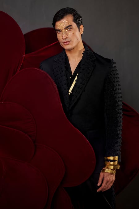 Buy Jatin Malik Blue Embroidery Stygian Textured Blazer Trouser Set Online at Aza Fashions Buy_Jatin Malik_Blue Embroidery Stygian Textured Blazer Trouser Set _Online_at_Aza_Fashions