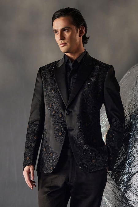 Jatin Malik Black Linen, Silk Embroidery Dire Blazer Trouser Set Online at Aza Fashions Jatin Malik_Black Linen, Silk Embroidery Dire Blazer Trouser Set _Online_at_Aza_Fashions