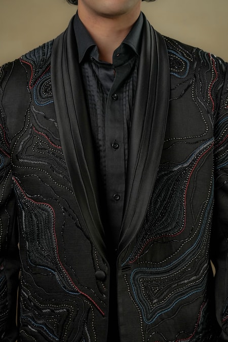 Jatin Malik Black Linen, Silk Beads Embroidered Tuxedo Trouser Set at Aza Fashions Jatin Malik_Black Linen, Silk Beads Embroidered Tuxedo Trouser Set _at_Aza_Fashions