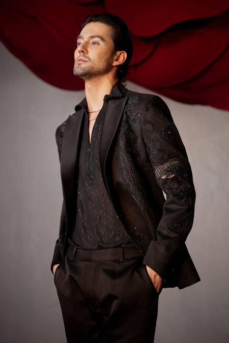 Jatin Malik_Black Suede, Cotton Beads, Cut Work Embroidered Tuxedo Trouser Set _Online_at_Aza_Fashions